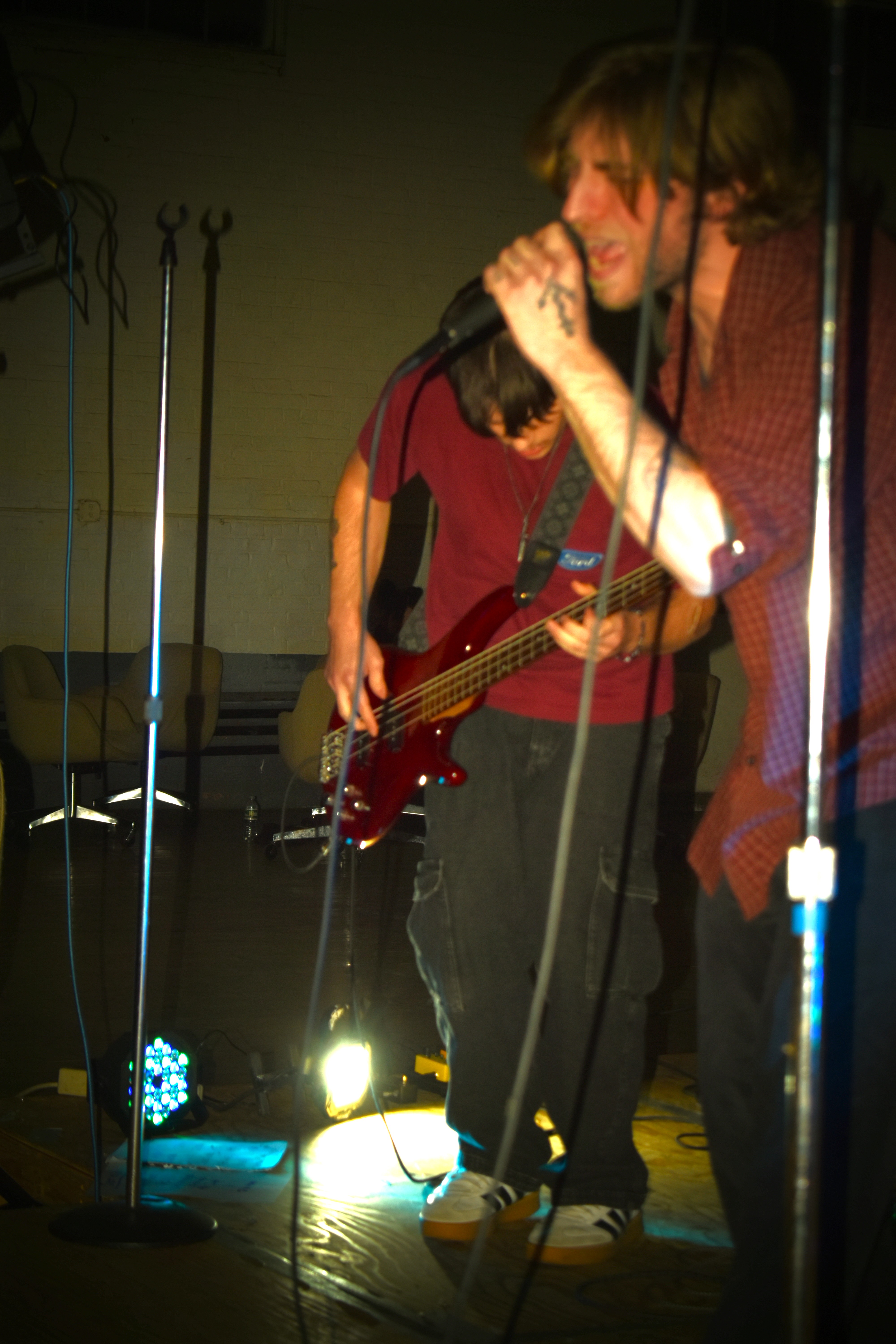 Lead vocalist screaming into microphone during intense live performance